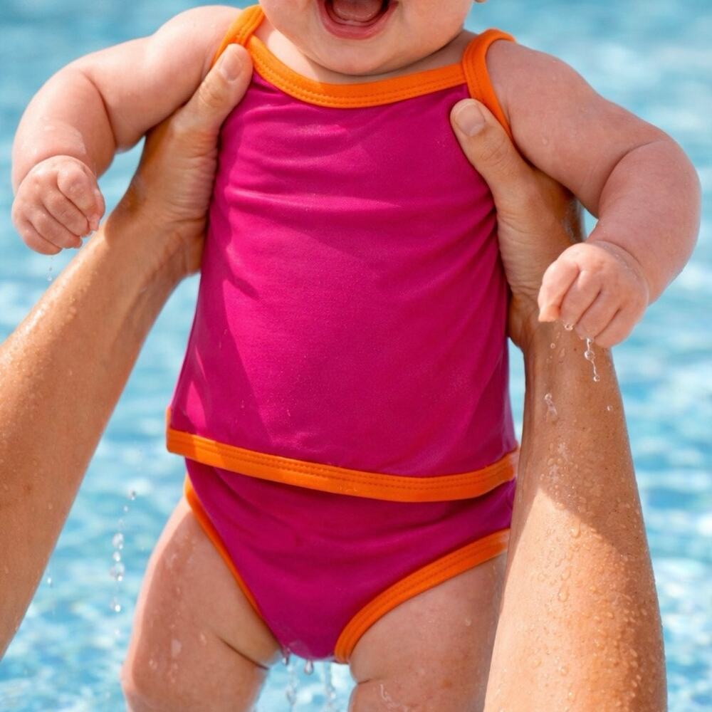Primary Baby Reversible Swimsuit 0-6M Pink Orange Colorblock Swim Beach Vacation